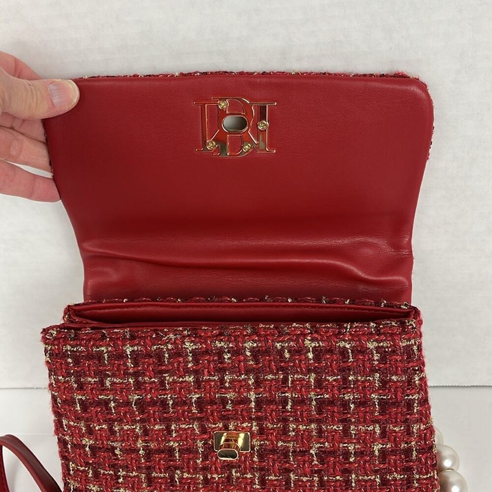 Badgley Mischka Purse Burgundy Red Tweed Shoulder Bag Crossbody Gold Accents - Picture 7 of 13